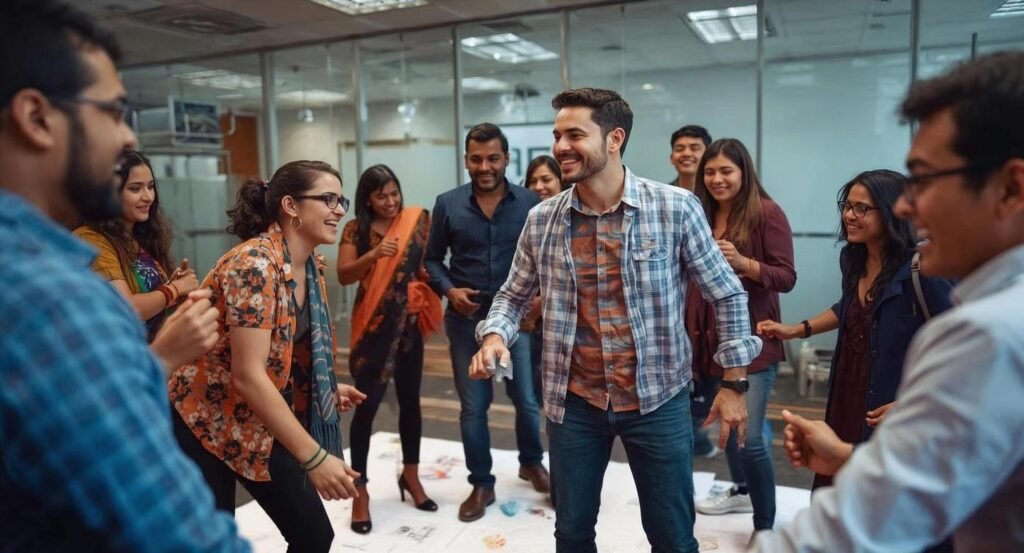 A manager and a fresher laughing during the same game creates a connection that no presentation can match.