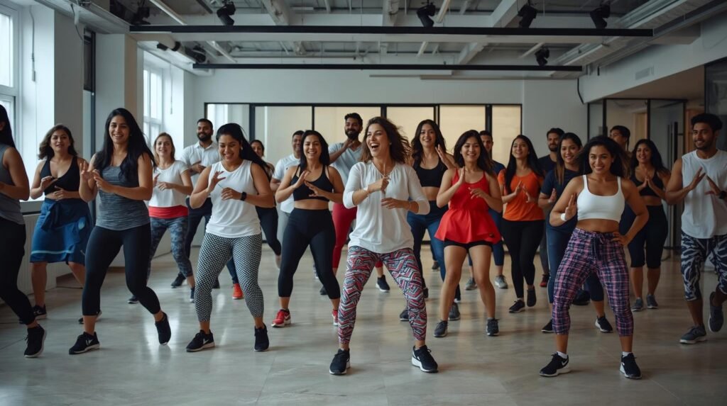 Employees enjoying zumba activity with their collegues